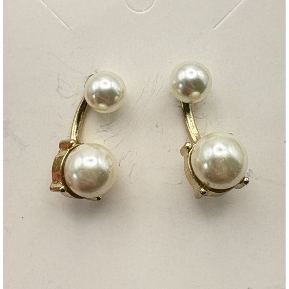 Faux Pearl Gold Tone Double Drop Earrings Classic Elegant Style - Picture 6 of 6